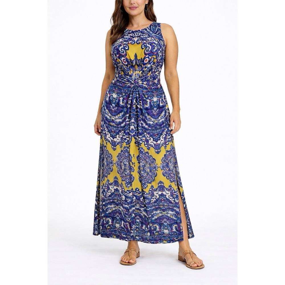 Donna Morgan Paisley Maxi Dress Size 10 Blue Yellow Sleeveless Slit Resort